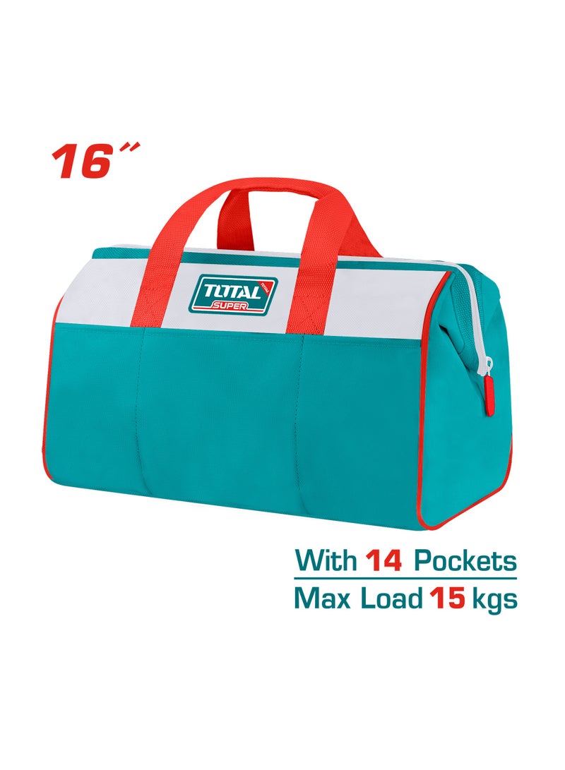 توتال طقم حقائب أدوات من توتال مكوّن من ٤ قطع، يشمل حقيبة أدوات بطول ١٦ بوصة، وحقيبة أدوات بعجلات بطول ٢٠ بوصة، وسترة أدوات، وحقيبة خصر للأدوات، مصنوع من قماش بوليستر أكسفورد عالي التحمل، باللونين الفيروزي والأحمر - Image 2